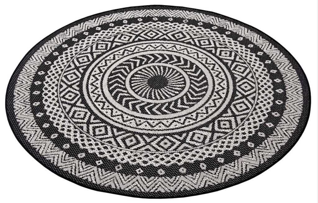 Binnen buiten vloerkleed rond Mandala zwart crème Tapeso