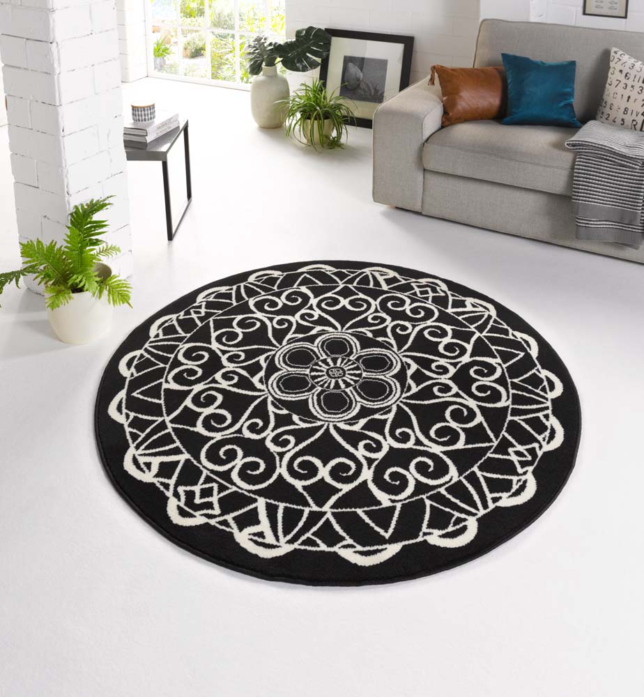 kousen Kleverig symbool Modern vloerkleed rond Mandala - zwart | Tapeso
