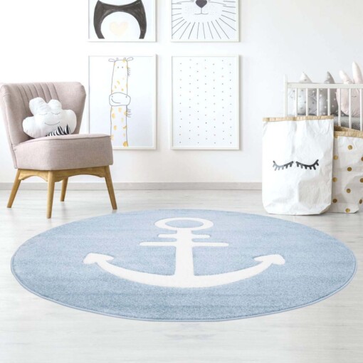 Rond vloerkleed kinderkamer Anker 3D - blauw - sfeer