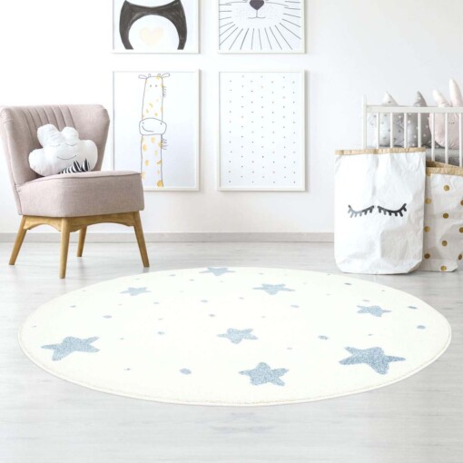 Rond vloerkleed kinderkamer Kleine Sterren 3D - crème/blauw - sfeer