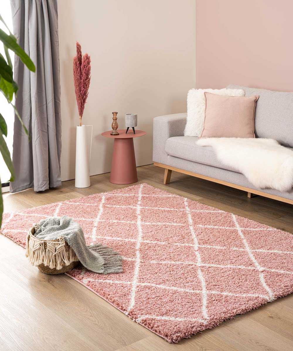 Geschikt Gietvorm Zichtbaar Hoogpolig vloerkleed ruiten Artisan - roze/wit | Tapeso