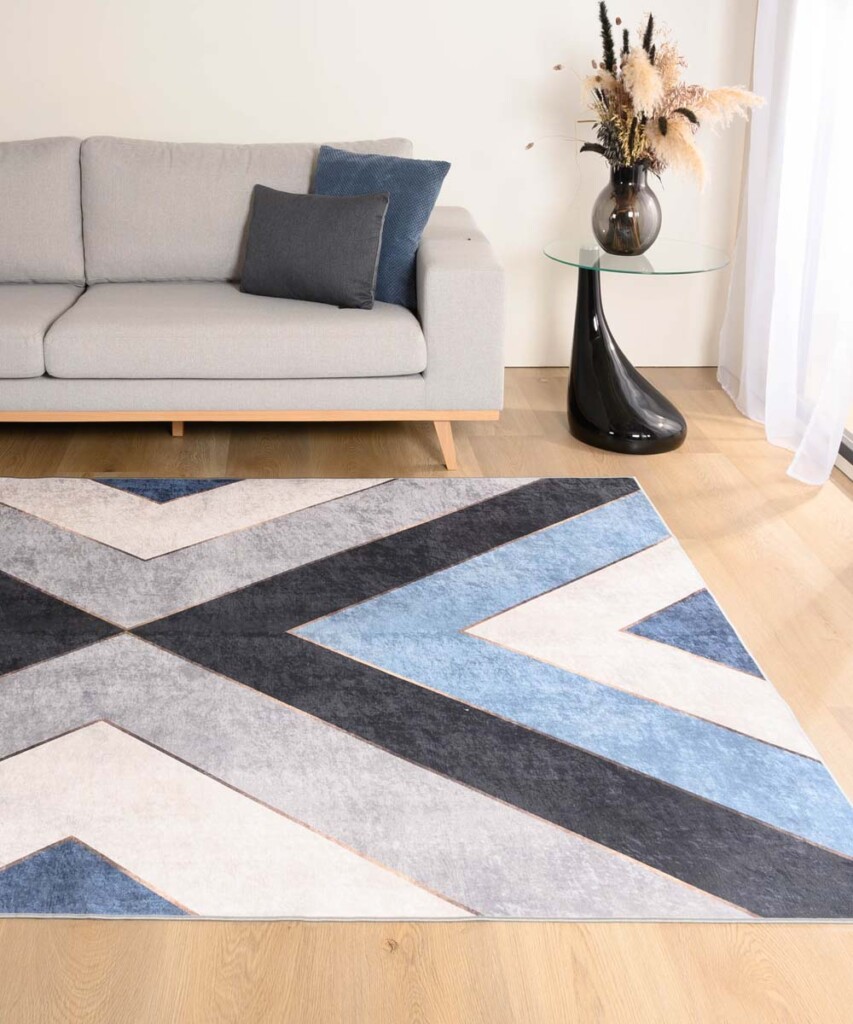 Geometrisch Vloerkleed Wasbaar Moderna Blauw Grijs Tapeso