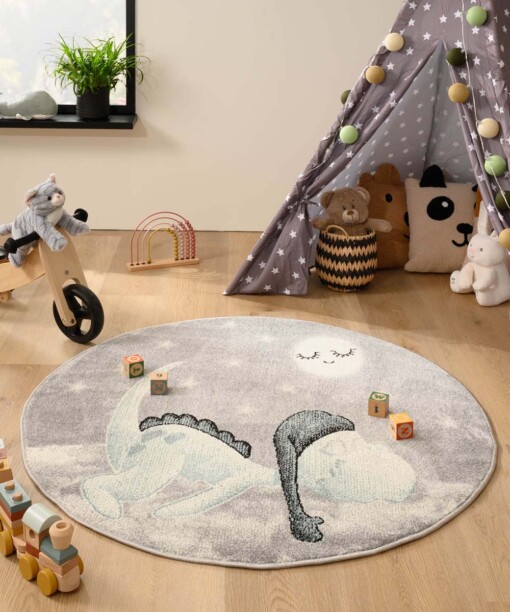 Rond vloerkleed kinderkamer dino - Magic lichtgrijs