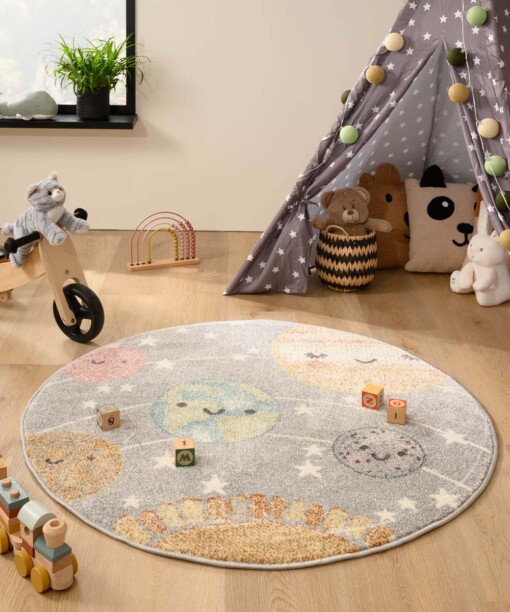 Rond vloerkleed kinderkamer planeten - Dreams lichtgrijs/multi