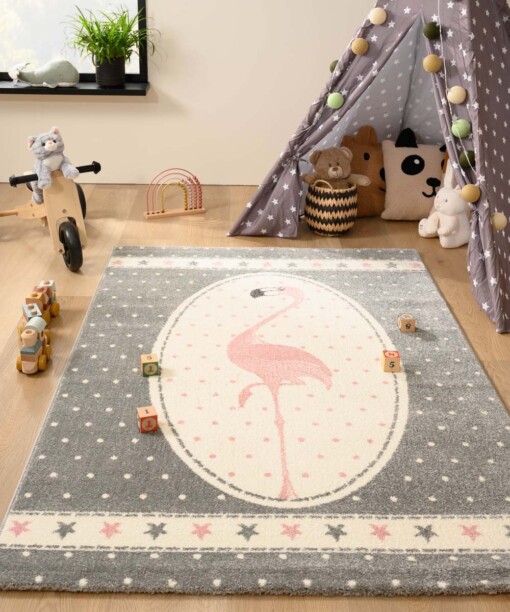 Vloerkleed kinderkamer Flamingo - Adventures roze/grijs