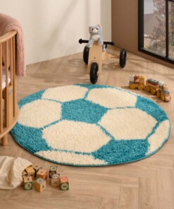 Rond vloerkleed Kinderkamer - Voetbal crème/turquoise - sfeer, thumbnail